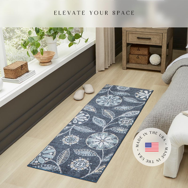 Maples Rugs Reggie Floral Runner Rug - Made in USA - Washable, Non Slip Indoor Carpet for Kitchen, Hallway, and Laundry Room, 2' x 6', Persian Blue - Image 2
